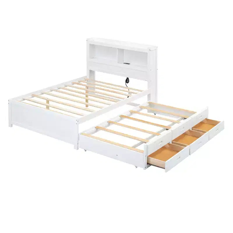 Lit plateforme Whisen pleine taille en bois avec lit gigogne, tiroirs et prises USB