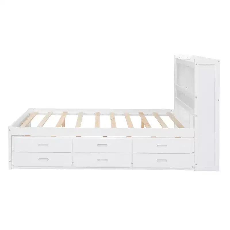 Lit plateforme Whisen pleine taille en bois avec lit gigogne, tiroirs et prises USB
