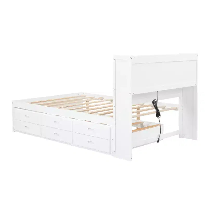 Lit plateforme Whisen pleine taille en bois avec lit gigogne, tiroirs et prises USB