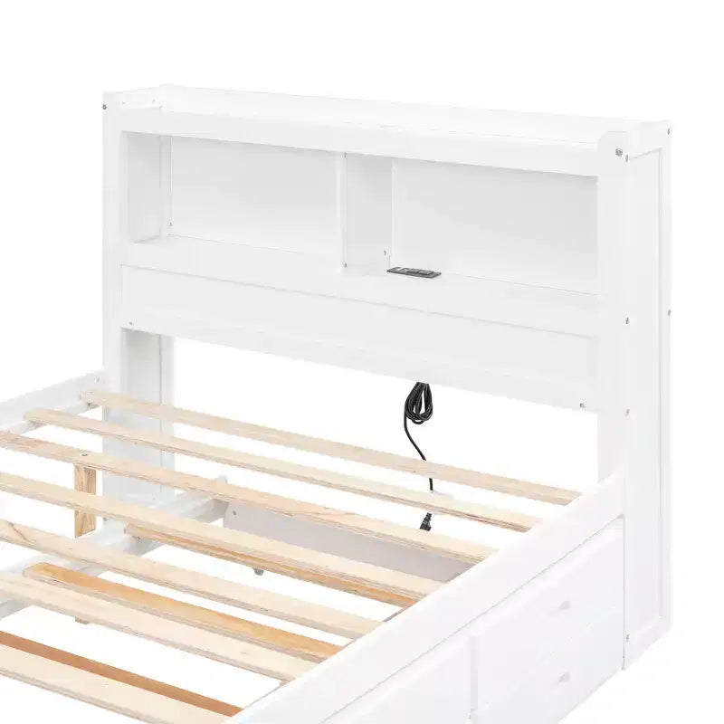 Lit plateforme Whisen pleine taille en bois avec lit gigogne, tiroirs et prises USB