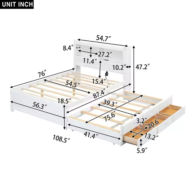 Lit plateforme Whisen pleine taille en bois avec lit gigogne, tiroirs et prises USB