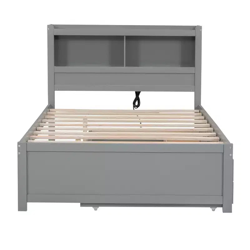 Lit plateforme Whisen pleine taille en bois avec lit gigogne, tiroirs et prises USB