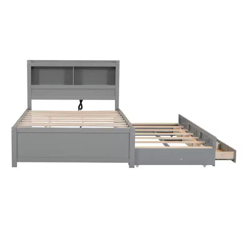 Lit plateforme Whisen pleine taille en bois avec lit gigogne, tiroirs et prises USB