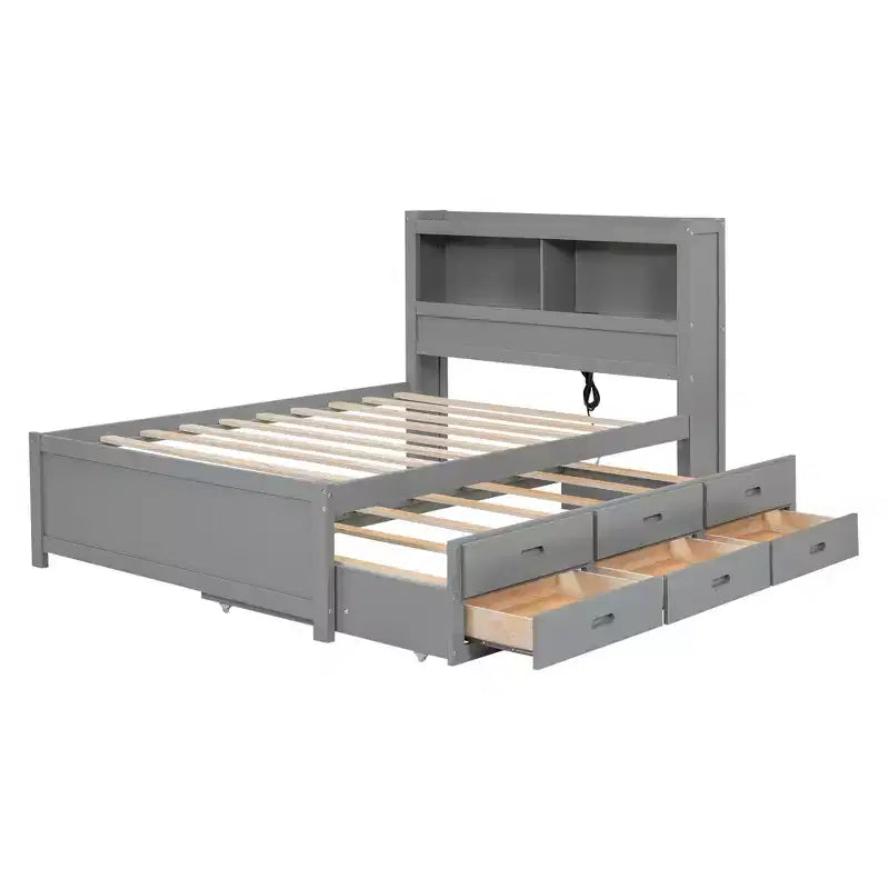 Lit plateforme Whisen pleine taille en bois avec lit gigogne, tiroirs et prises USB