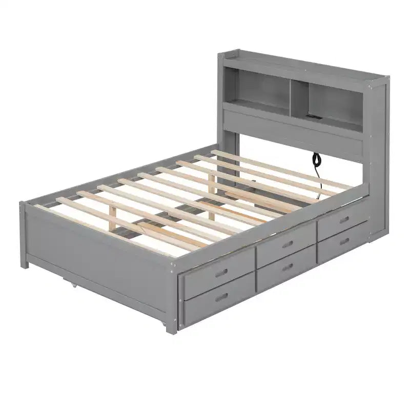Lit plateforme Whisen pleine taille en bois avec lit gigogne, tiroirs et prises USB