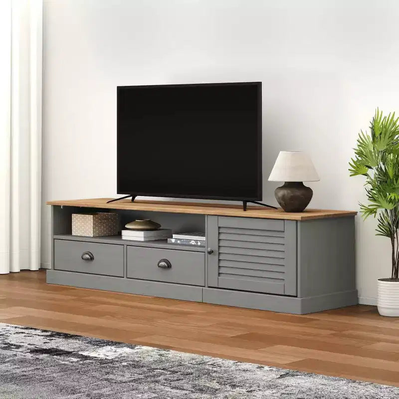 vidaXL Meuble TV VIGO en pin massif - Console média grise avec tiroirs, meuble de divertissement et portes à persiennes pour salon