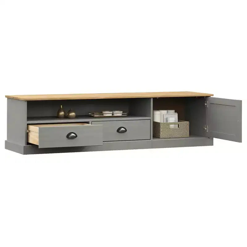 vidaXL Meuble TV VIGO en pin massif - Console média grise avec tiroirs, meuble de divertissement et portes à persiennes pour salon