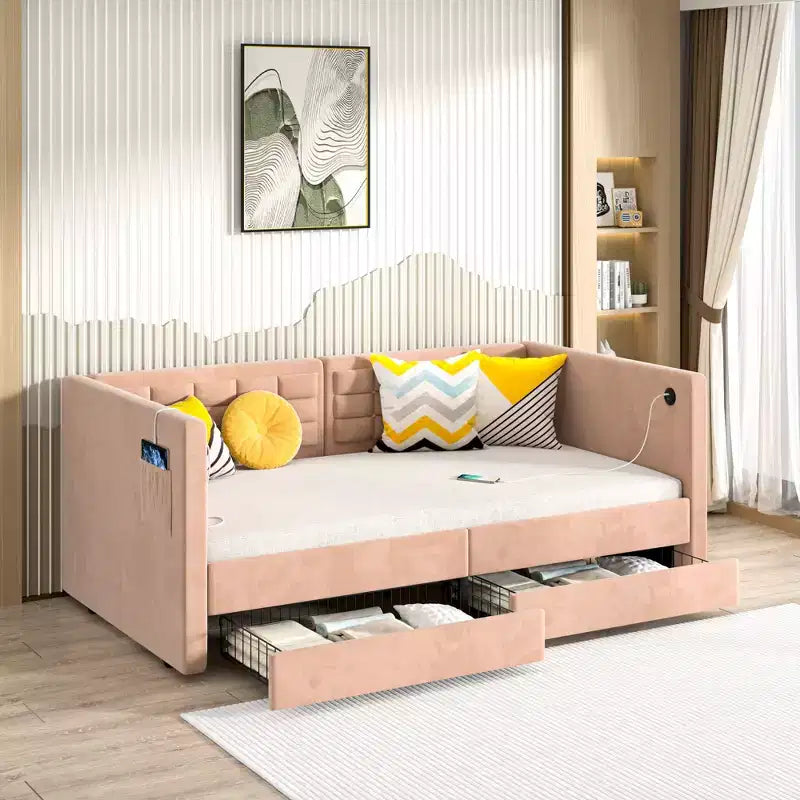 Lit de repos VECELO double avec tiroirs de rangement, lit de repos rembourré avec tête de lit capitonnée pour salon/chambre à coucher, ports USB et USB-C intégrés, marron