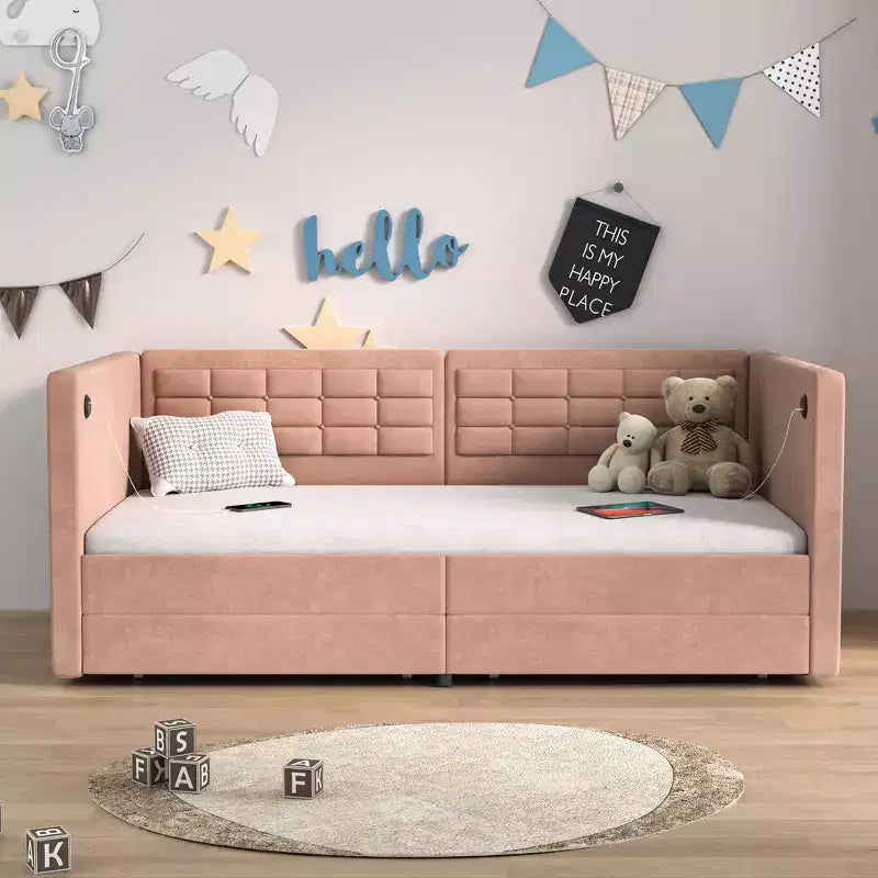 Lit de repos VECELO double avec tiroirs de rangement, lit de repos rembourré avec tête de lit capitonnée pour salon/chambre à coucher, ports USB et USB-C intégrés, marron