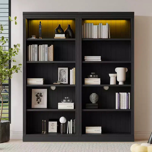 Bibliothèque en bois de 211,8 cm avec bande LED, étagères réglables à 5 niveaux et organisateur de rangement pour salon et bureau à domicile - ModernLuxe