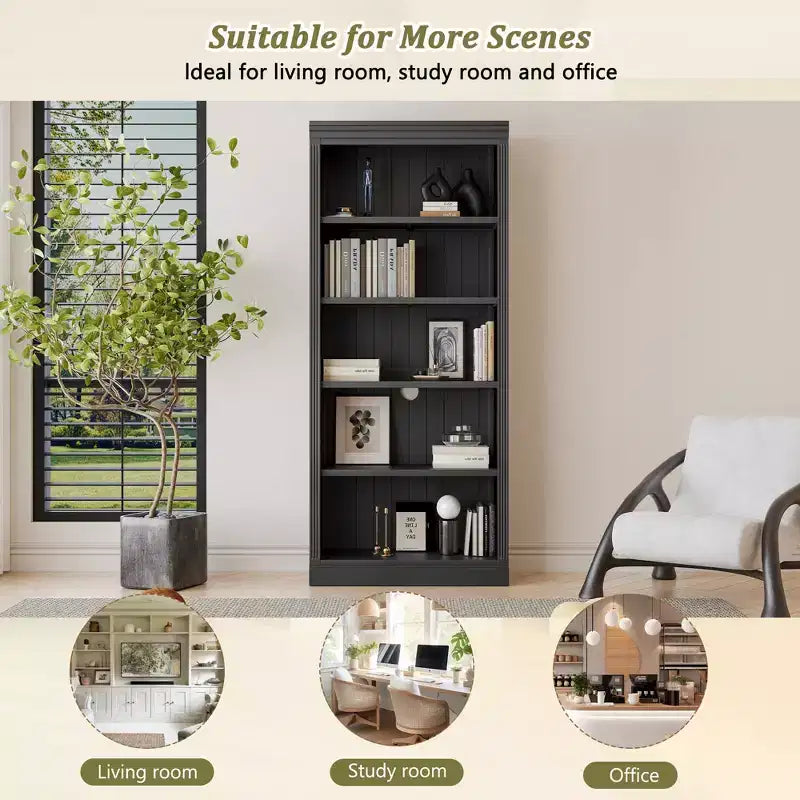 Bibliothèque en bois de 211,8 cm avec bande LED, étagères réglables à 5 niveaux et organisateur de rangement pour salon et bureau à domicile - ModernLuxe