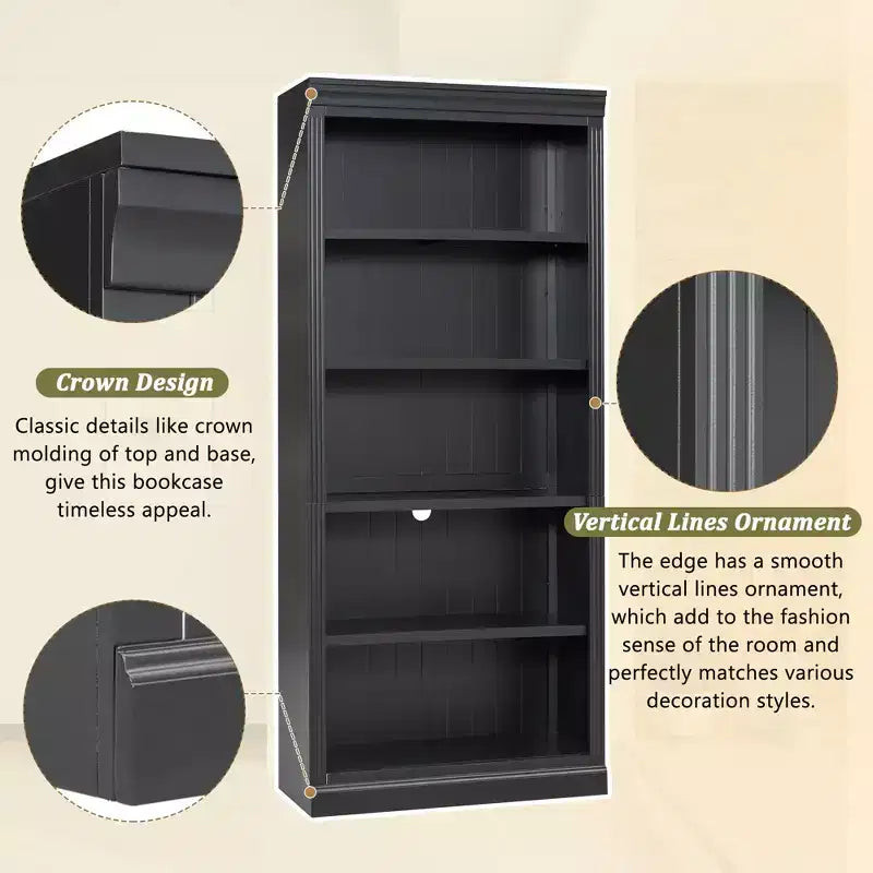 Bibliothèque en bois de 211,8 cm avec bande LED, étagères réglables à 5 niveaux et organisateur de rangement pour salon et bureau à domicile - ModernLuxe