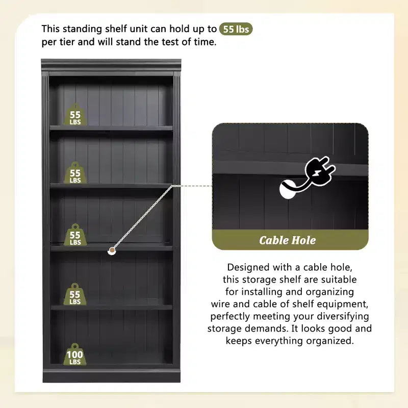 Bibliothèque en bois de 211,8 cm avec bande LED, étagères réglables à 5 niveaux et organisateur de rangement pour salon et bureau à domicile - ModernLuxe