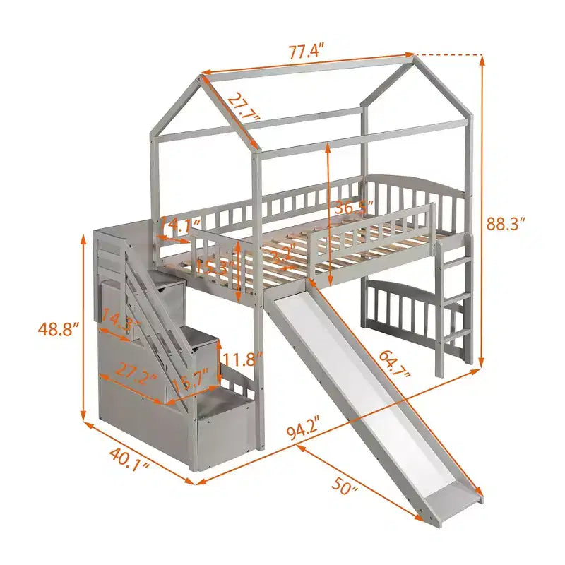 Whisen 94.20''L 93.30''W Lit Mezzanine en Bois Taille Jumeau avec Deux Tiroirs et Toboggan