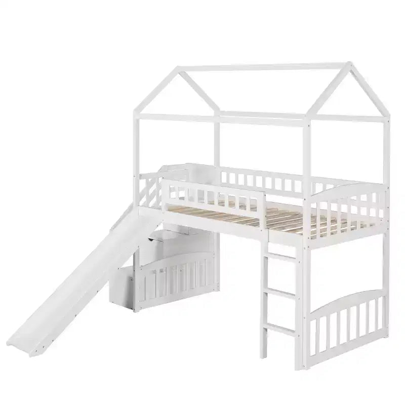 Whisen 94.20''L 93.30''W Lit Mezzanine en Bois Taille Jumeau avec Deux Tiroirs et Toboggan