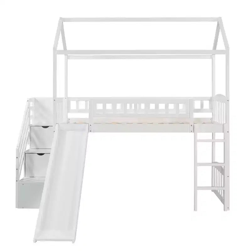 Whisen 94.20''L 93.30''W Lit Mezzanine en Bois Taille Jumeau avec Deux Tiroirs et Toboggan