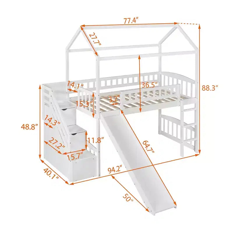 Whisen 94.20''L 93.30''W Lit Mezzanine en Bois Taille Jumeau avec Deux Tiroirs et Toboggan