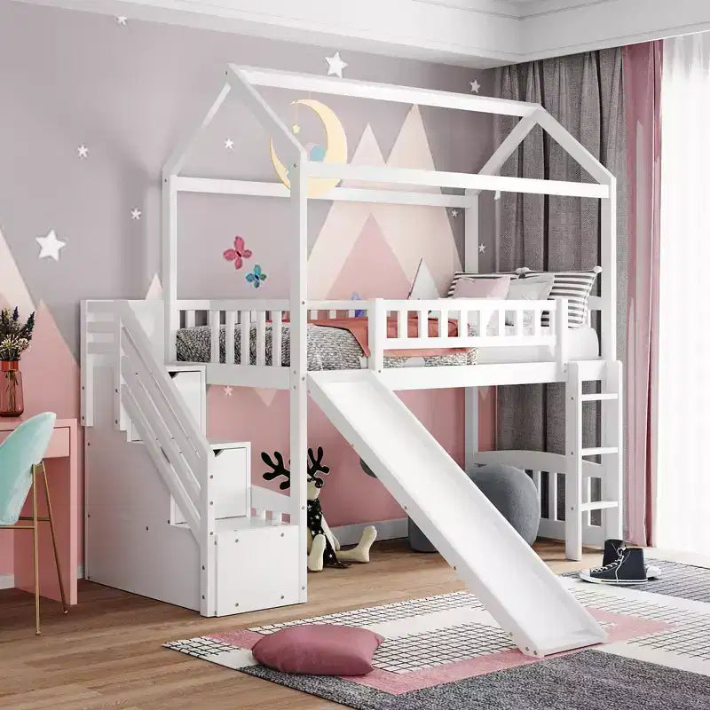 Whisen 94.20''L 93.30''W Lit Mezzanine en Bois Taille Jumeau avec Deux Tiroirs et Toboggan