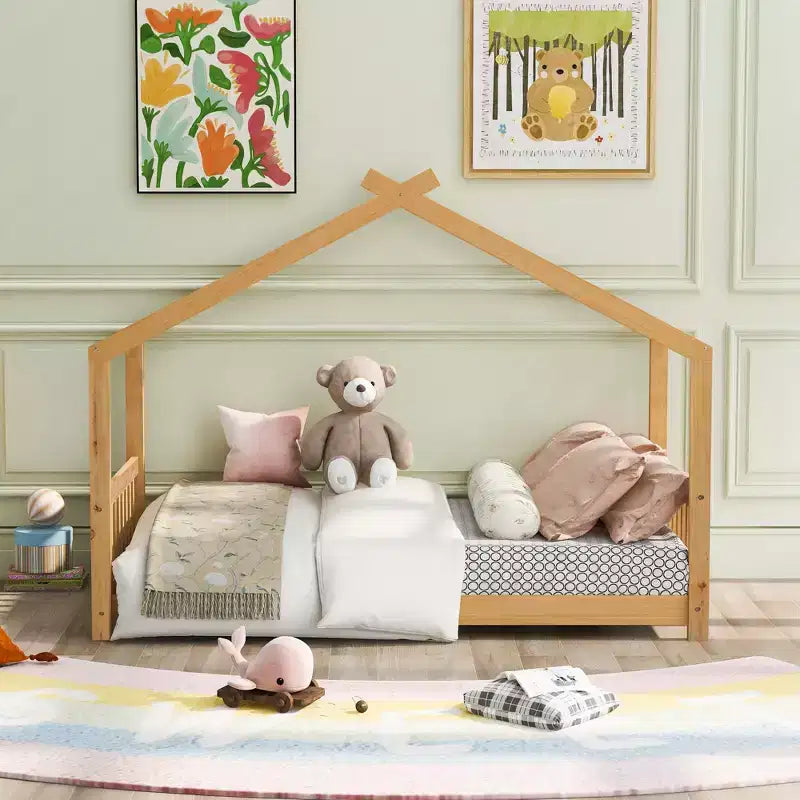 Lit plateforme double/grand, cadre de lit de jeu en bois en forme de maison avec tête de lit, pied de lit et design de toit - ModernLuxe