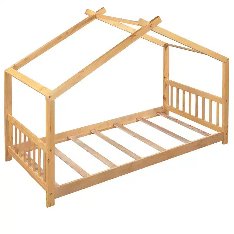 Lit plateforme double/grand, cadre de lit de jeu en bois en forme de maison avec tête de lit, pied de lit et design de toit - ModernLuxe