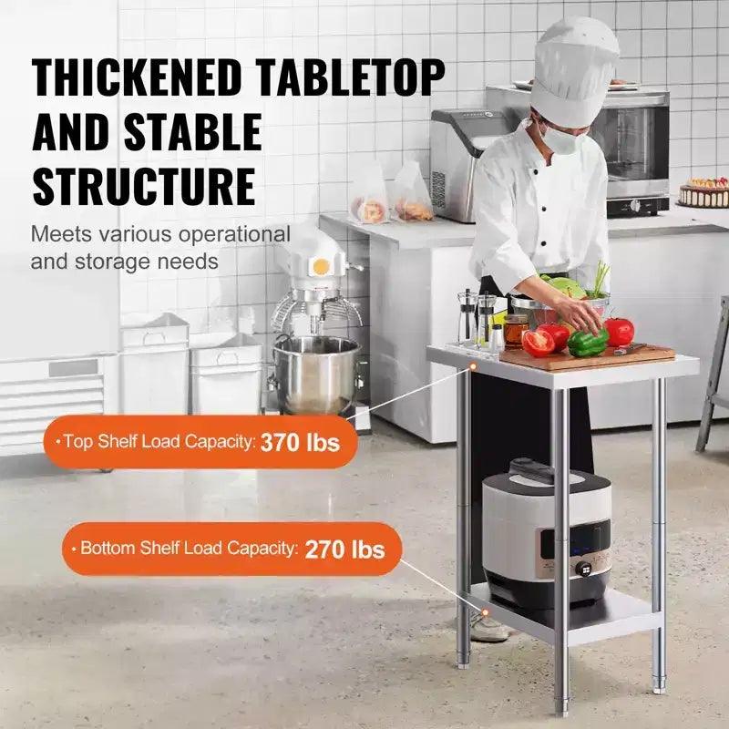 Table de préparation en acier inoxydable VEVOR, 61 x 46 x 86 cm, capacité de charge de 290 kg, table de travail métallique robuste avec 3 niveaux de hauteur réglables