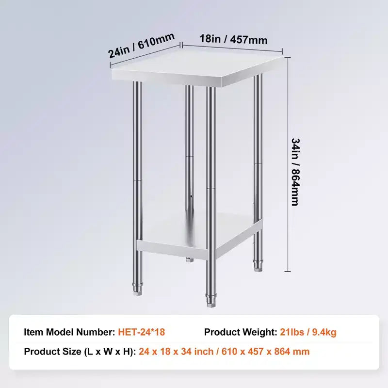Table de préparation en acier inoxydable VEVOR, 61 x 46 x 86 cm, capacité de charge de 290 kg, table de travail métallique robuste avec 3 niveaux de hauteur réglables