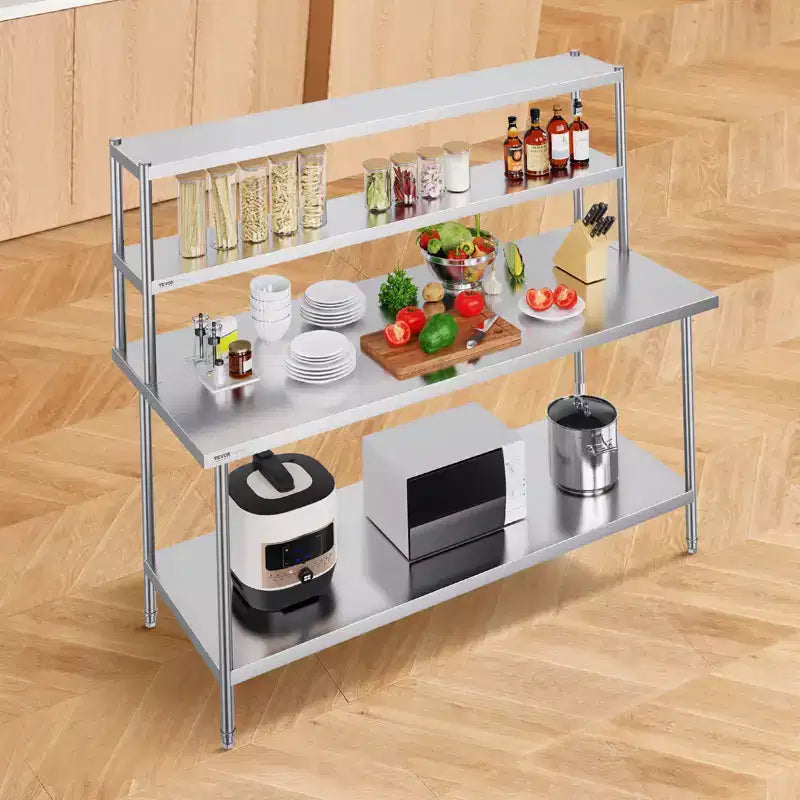 VEVOR Double Étagère supérieure, Double Étagère supérieure en Acier Inoxydable, Étagère supérieure à Double Niveau de 30,5 x 182,9 cm, Étagère supérieure de Table de Préparation Réglable en Hauteur