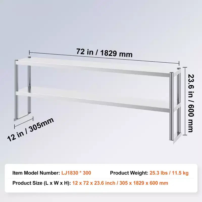 VEVOR Double Étagère supérieure, Double Étagère supérieure en Acier Inoxydable, Étagère supérieure à Double Niveau de 30,5 x 182,9 cm, Étagère supérieure de Table de Préparation Réglable en Hauteur