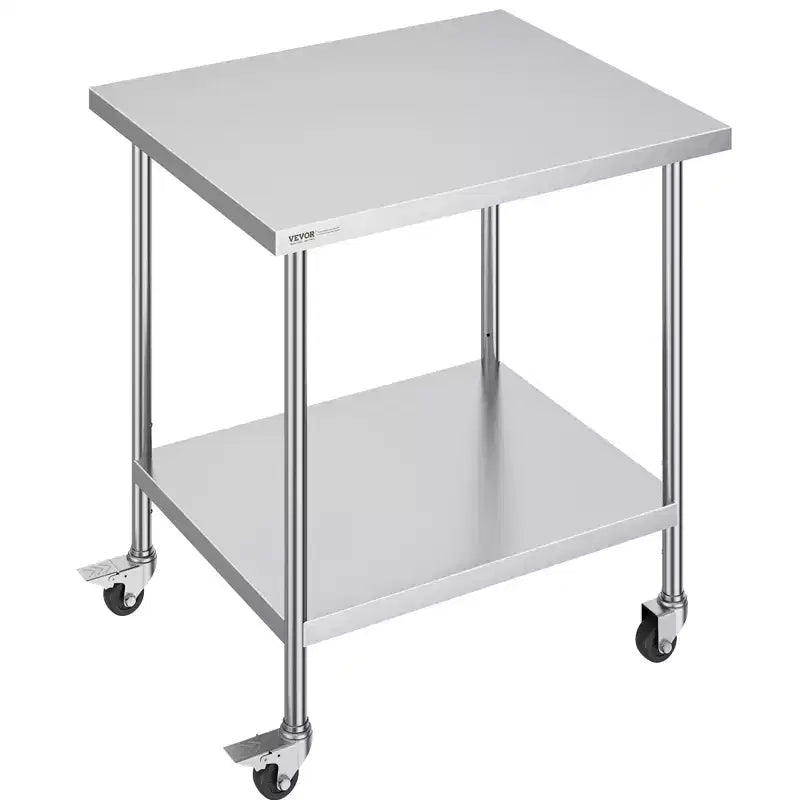 VEVOR Stainless Steel Work Table 30 x 18 x 38 Inch, with 4 Wheels, 3 Adjustable Height Levels, Heavy Duty Food Prep Worktable, Silver