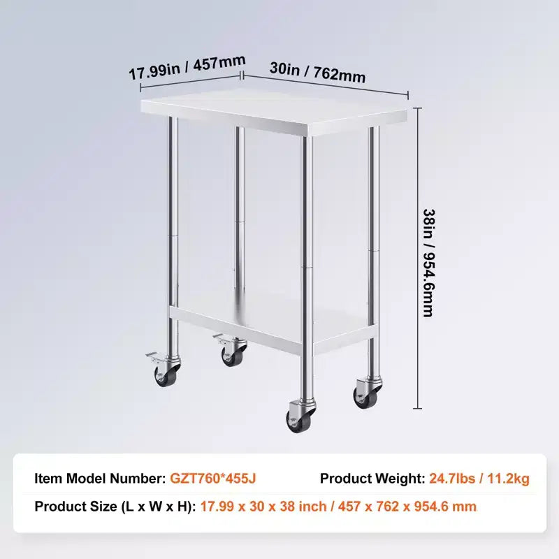 Table de travail VEVOR en acier inoxydable 30 x 18 x 38 pouces, avec 4 roues, 3 niveaux de hauteur réglables, table de préparation alimentaire robuste, argent