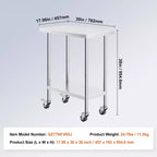 Table de travail VEVOR en acier inoxydable 30 x 18 x 38 pouces, avec 4 roues, 3 niveaux de hauteur réglables, table de préparation alimentaire robuste, argent