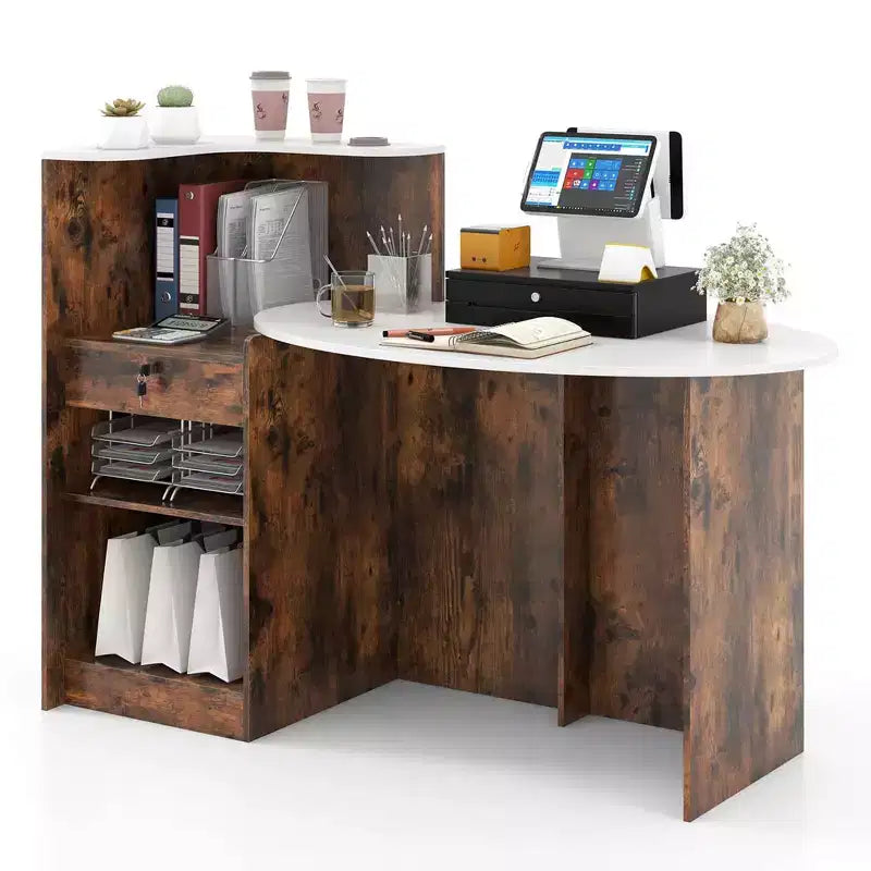 Comptoir de Réception Costway avec Tiroir Verrouillable et Étagère Réglable, Plateau Ovale, pour Magasin, Blanc/Noir