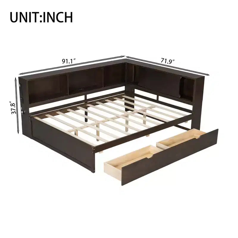 Lit de jour double en bois Whisen avec étagères de rangement, USB, LED et lit gigogne