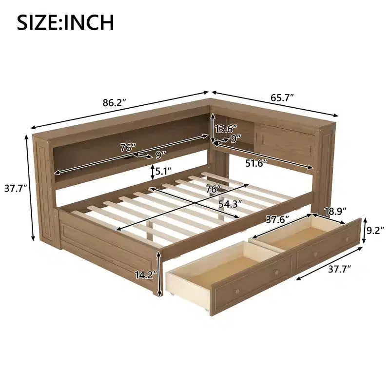 Lit de jour double en bois Whisen avec étagères de rangement, USB, LED et lit gigogne