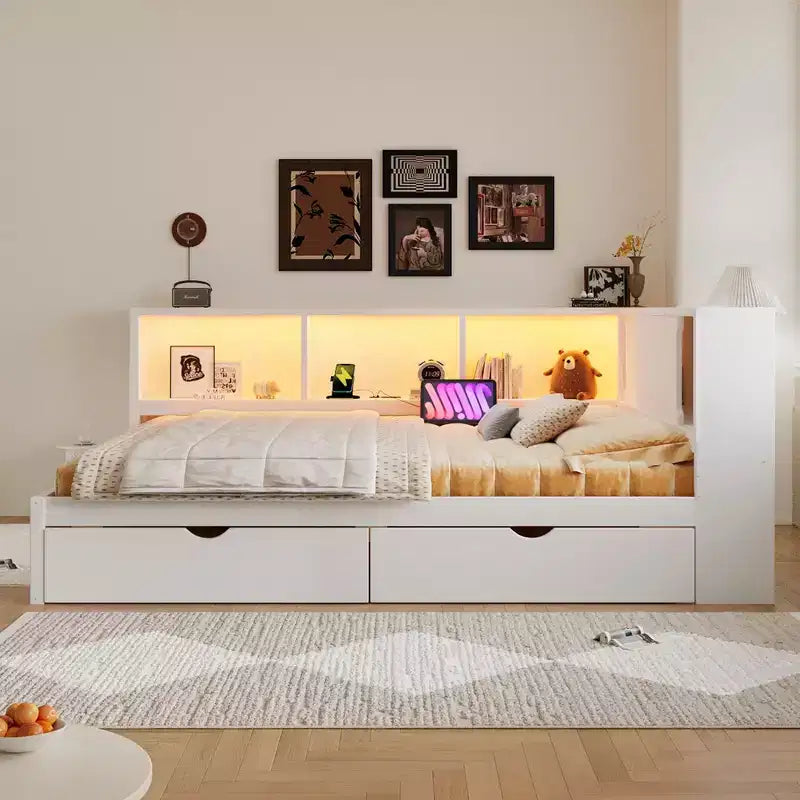 Lit de jour double en bois Whisen avec étagères de rangement, USB, LED et lit gigogne