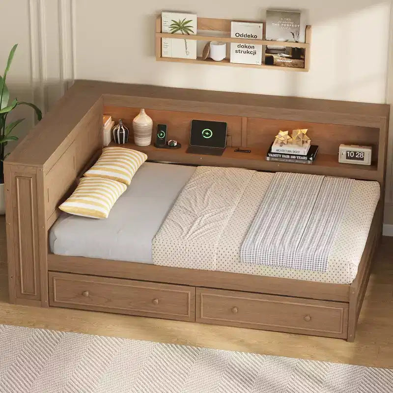 Lit de jour double en bois Whisen avec étagères de rangement, USB, LED et lit gigogne
