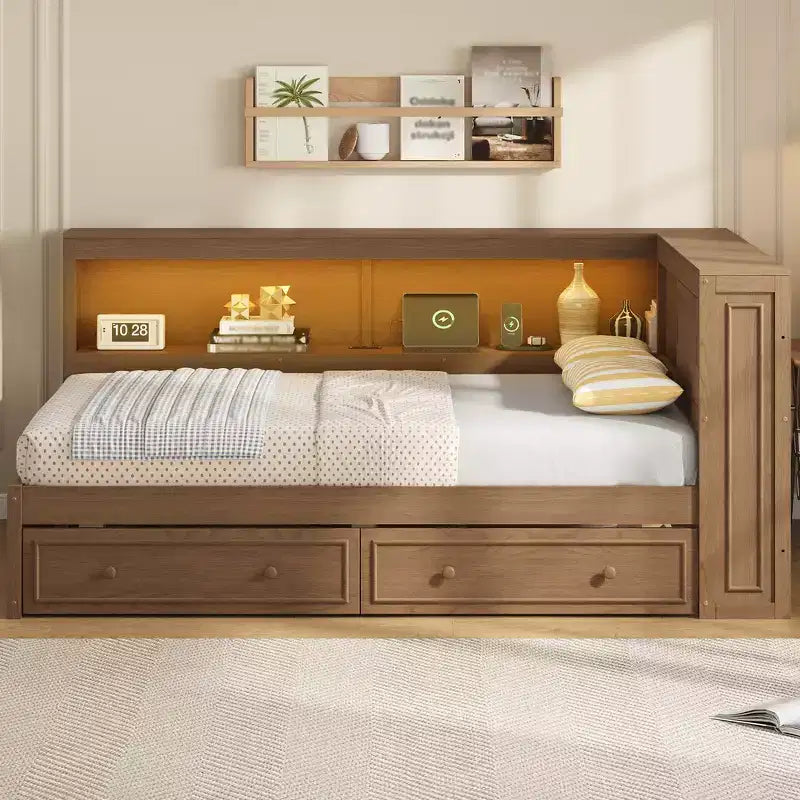 Lit de jour double en bois Whisen avec étagères de rangement, USB, LED et lit gigogne