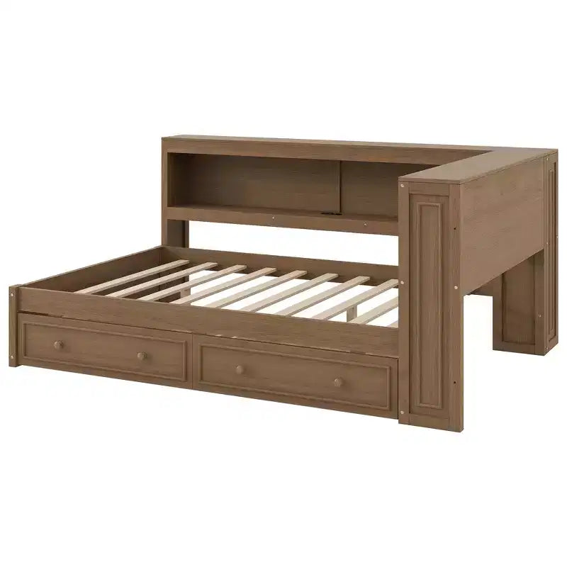 Lit de jour double en bois Whisen avec étagères de rangement, USB, LED et lit gigogne