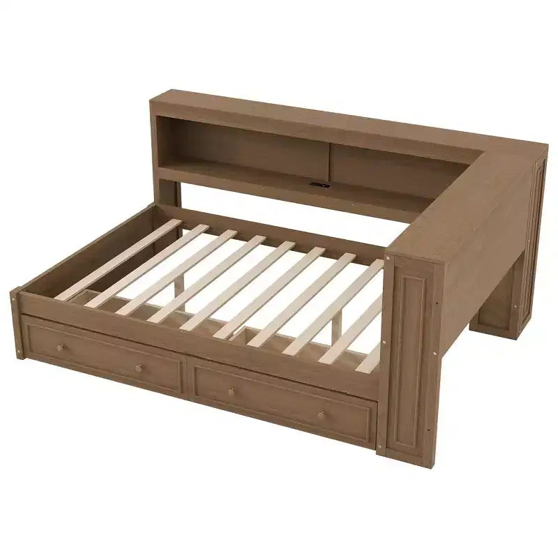 Lit de jour double en bois Whisen avec étagères de rangement, USB, LED et lit gigogne