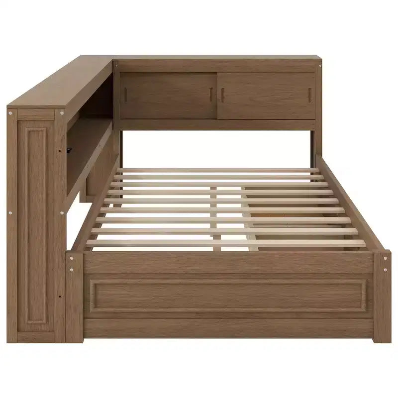 Lit de jour double en bois Whisen avec étagères de rangement, USB, LED et lit gigogne