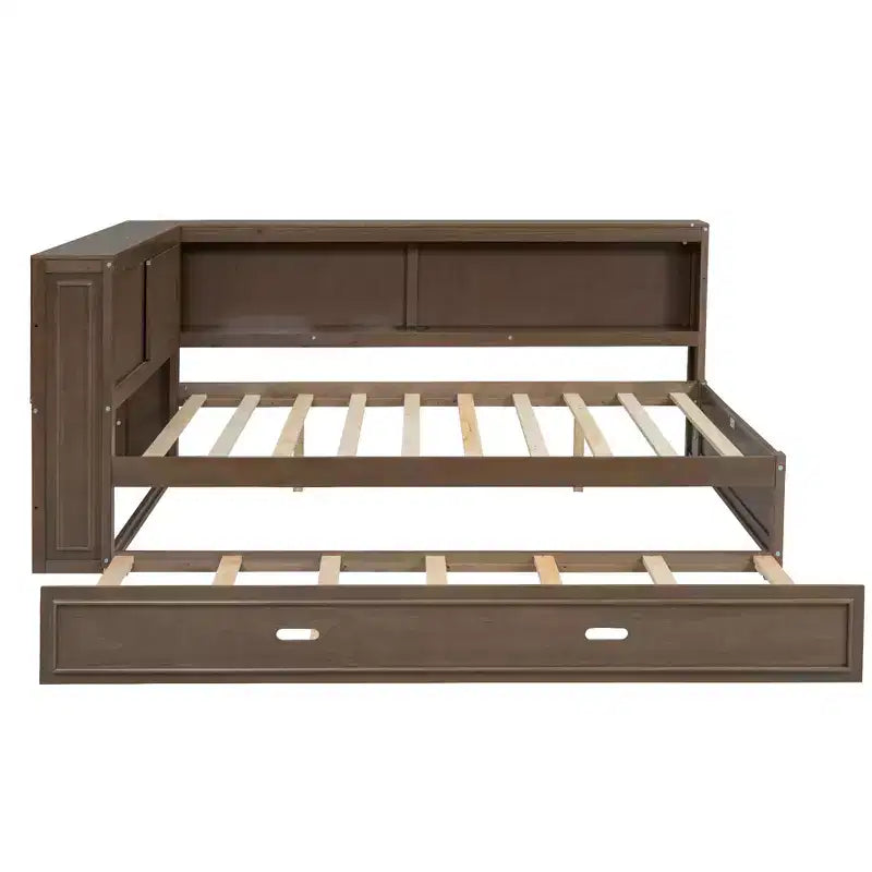 Lit de jour double en bois Whisen avec étagères de rangement, USB, LED et lit gigogne