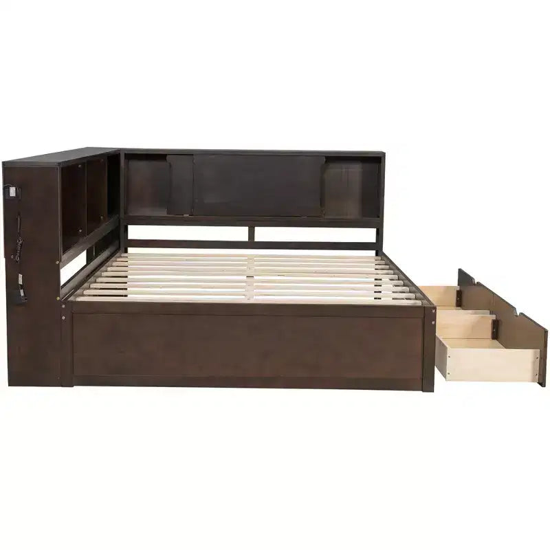 Lit de jour double en bois Whisen avec étagères de rangement, USB, LED et lit gigogne