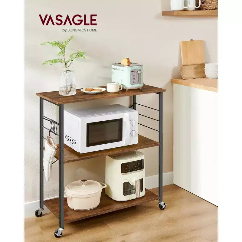 Chariot de cuisine industriel marron rustique et noir sur roulettes – Desserte à 3 étagères avec 6 crochets. Idéal pour micro-ondes, mini-four, grille-pain