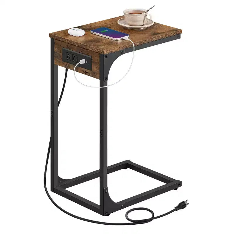 Table d'appoint en forme de C brun rustique - Table de chevet avec station de charge (2 ports USB et prises). Pieds réglables, idéale pour le canapé