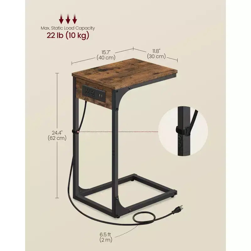 Table d'appoint en forme de C brun rustique - Table de chevet avec station de charge (2 ports USB et prises). Pieds réglables, idéale pour le canapé