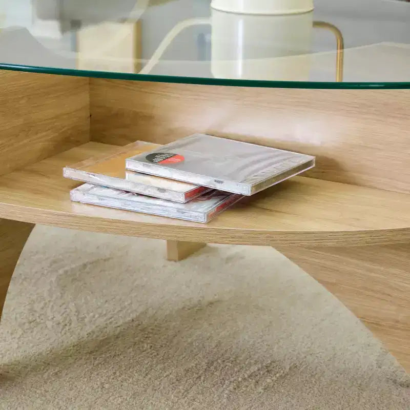 Table basse en verre, table basse ronde, table basse ovale, table d'appoint, table de canapé avec pieds en éventail diagonal, noyer/naturel-ModernLuxe