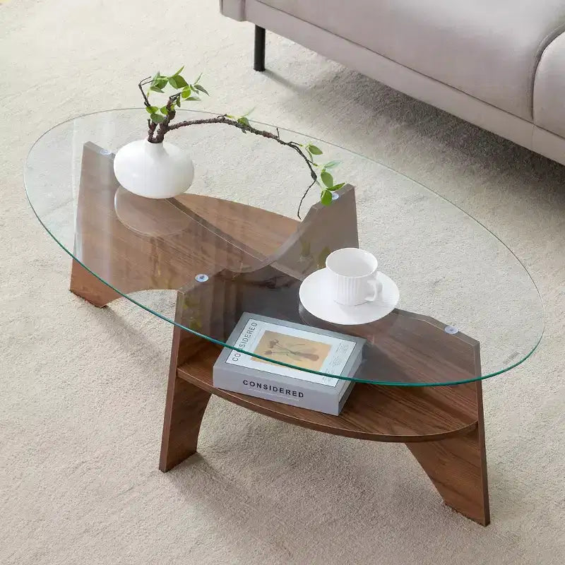 Table basse en verre, table basse ronde, table basse ovale, table d'appoint, table de canapé avec pieds en éventail diagonal, noyer/naturel-ModernLuxe