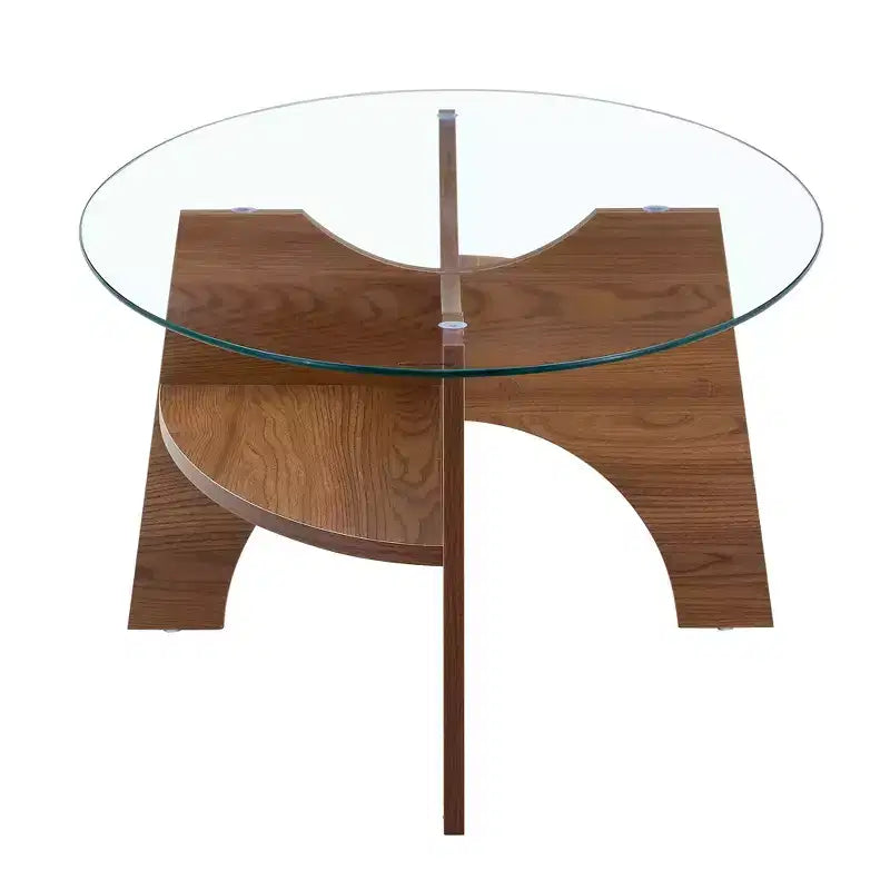 Table basse en verre, table basse ronde, table basse ovale, table d'appoint, table de canapé avec pieds en éventail diagonal, noyer/naturel-ModernLuxe