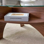Table basse en verre, table basse ronde, table basse ovale, table d'appoint, table de canapé avec pieds en éventail diagonal, noyer/naturel-ModernLuxe