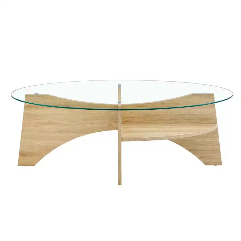 Table basse en verre, table basse ronde, table basse ovale, table d'appoint, table de canapé avec pieds en éventail diagonal, noyer/naturel-ModernLuxe